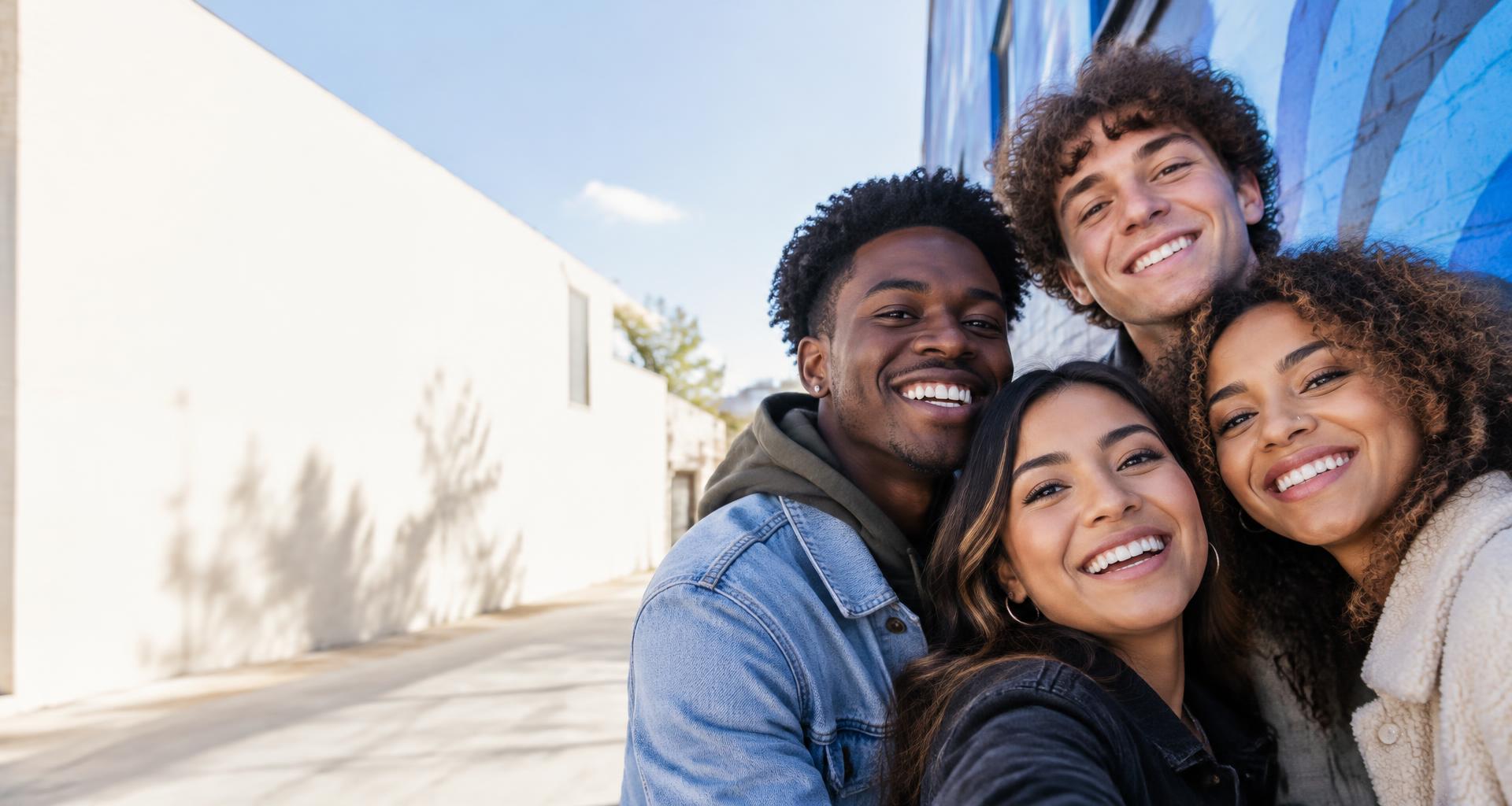Four young adult friends smiling together outdoors
